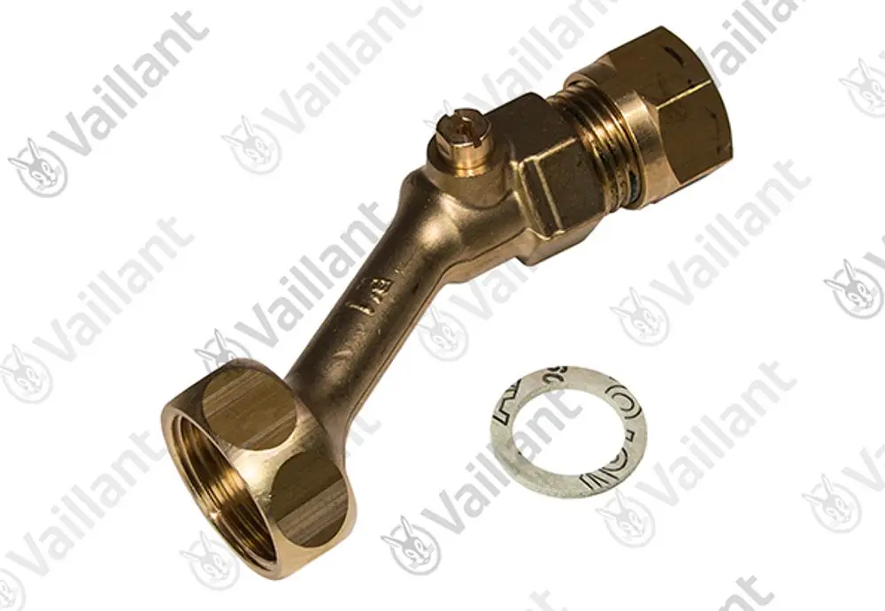 Anschlussstück aus Messing mit einer Gewindeverbindung, beschrieben als Produkt von Vaillant. Es zeigt eine gerade Form mit einer abgerundeten Spitze und einer Dichtung.